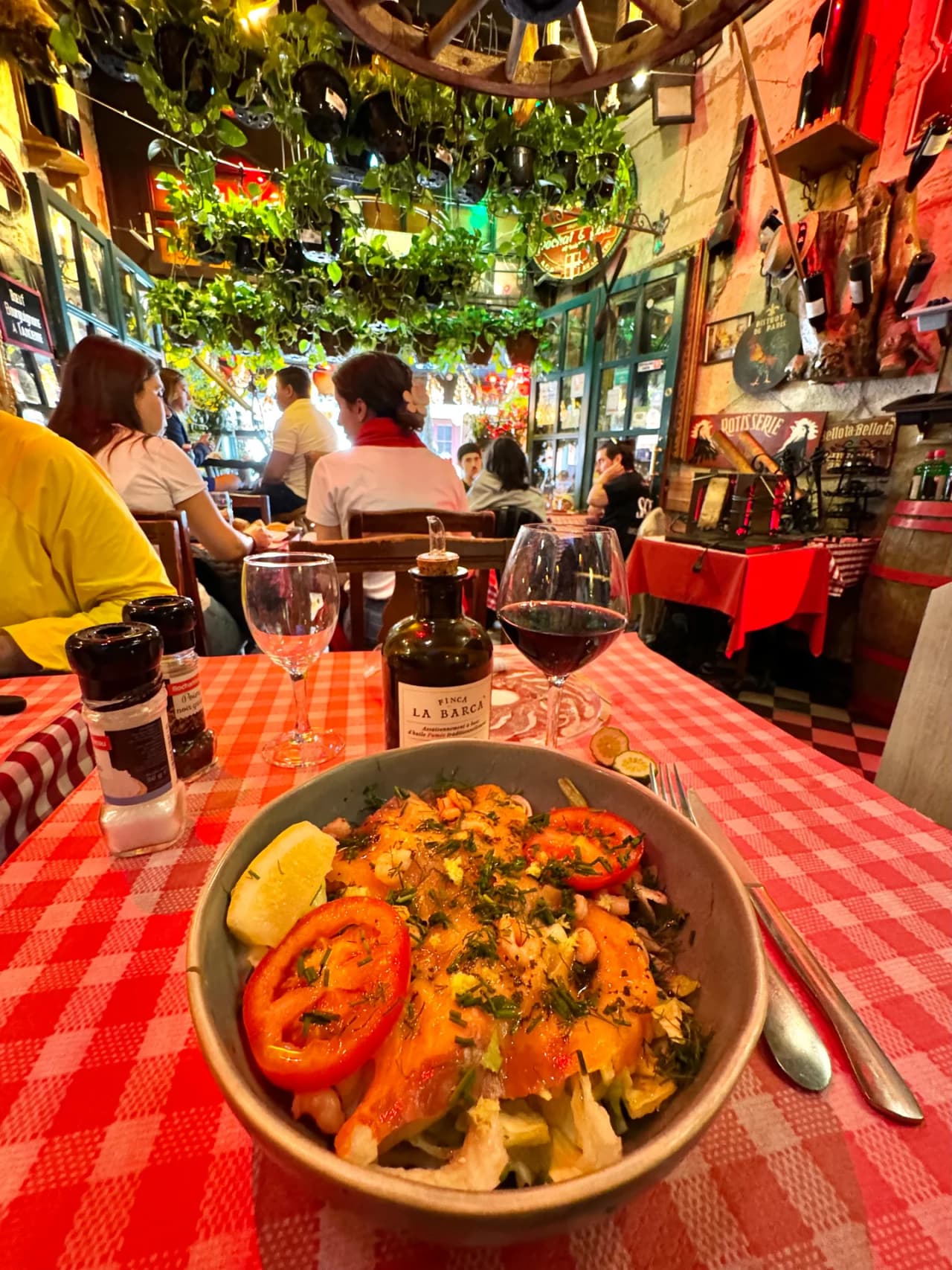 Intérieur chaleureux d'un restaurant traditionnel français avec plafond végétalisé, nappes à carreaux rouges et blancs, une salade composée garnie de tomates fraîches et un verre de vin rouge sur la t